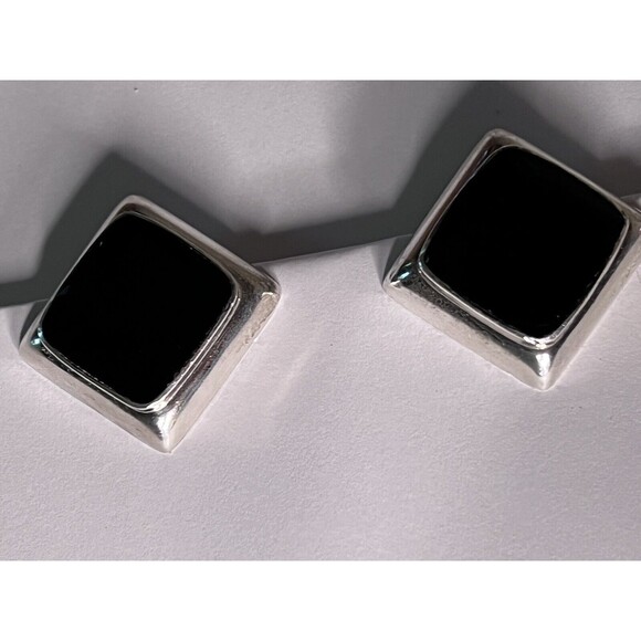 Vintage Taxco Mexico Sterling Silver Onyx Earrings 1.5 In. Square Modernist - Picture 11 of 11